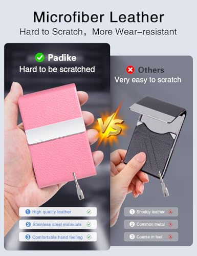 Image of Padike Professional Business Card Holder PU Leather Business Card Case Name Card Holder Slim Metal Pocket Card Holder with Magnetic Shut (Pink)