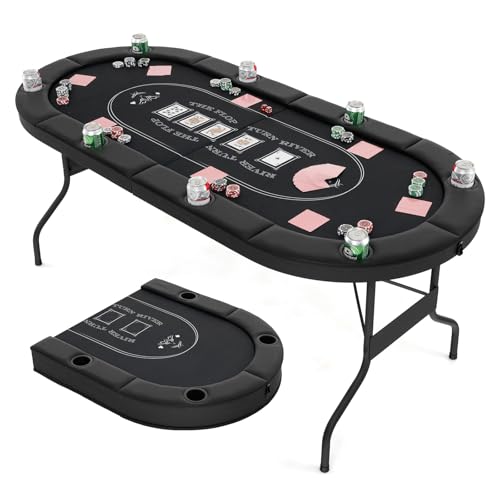 Goplus 72 Poker Table Foldable 8 Players Card Board Game Table w/Deep Metal Cup Holders Casino Grade Felt Portable Folding Oval Blackjack Table for Texas Holdem No Assembly Required (Black)