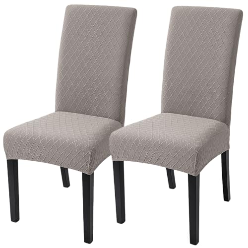 Image of SearchI Dining Room Chair Covers Set of 2, Stretch Jacquard Parsons Chair Slipcovers Removable Washable Kitchen Chair Protector Cover for Dining Room, Hotel, Ceremony (Taupe Rhombus)