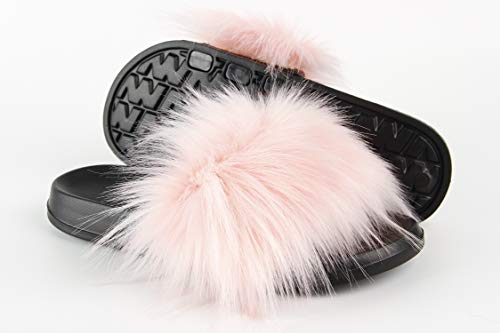 Image of Hangrui Women's Faux Fur Slides, Open Toe Cute Fluffy Slippers, Comfortable Furry Sandals