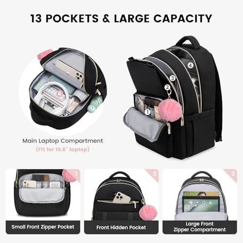 LOVEVOOK School Backpack for Teen Girls, Student Backpack Purse for 14-16 Teenage, Cute Kid Bookbag, Back to School Backpacks Fit 15.6 Inch Laptop, Large College Travel Bag, Black2