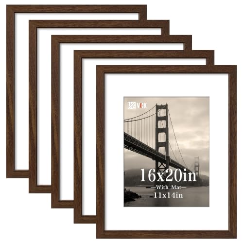 VCK 16x20 Picture Frame, Brown Wood, Real Glass, 5 Pack, Wall Hanging