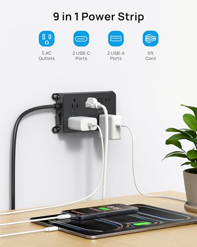 Image of TROND Power Strip Surge Protector, Wall Mount, 5ft, ETL Listed
