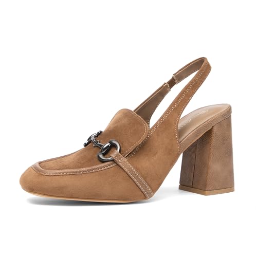 NEWBELLA Women's Square Toe Slingback Pumps - Block Heel Closed