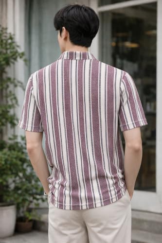 Image of London Hills Men's Loose Fit Half Sleeve Vertical Striped Polo T-Shirt with Zip Collar | Premium Polyester Fabric | T Shirt for Man | Tshirt | Shirts Men | Tshirt for Man | Men T-Shirts