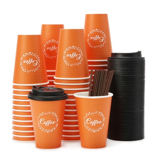 Tamone 100 Pack 12oz Disposable Orange Paper Coffee Cups with