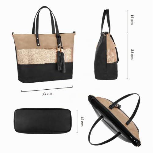 CRAZYCHIC - Sac à Main Paillette Femme - Cabas Fourre-Tout Cuir PU Souple - Sac Porté Epaule Bandoulière Patchwork Multicolore Grande Capacité - Ville Shopping Cours Travail Plage - Noir – vue 6