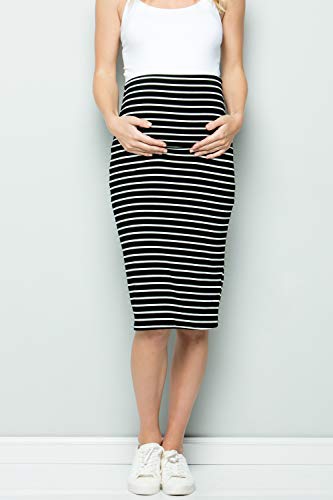 My Bump Maternity Skirt For Women - Comfort Stretch High Waisted Tummy Control Cotton Blend Midi Pencil Skirt Made In Usa Black White Large #TOP1