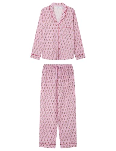 Pyjama femme coupe ample pantalon fluide élastiqué rose hindou doux