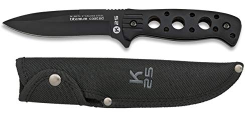 Cuchillo K25 Supervivencia Funda Hoja 12 cm para Caza, Pesca, Camping, Outdoor, Supervivencia y Bushcraft K25 31574 + Portabotellas de regalo