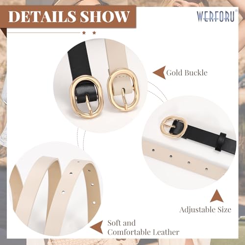 WERFORU 2 Pack Women's Skinny PU Leather Belt with Gold Buckle Ladies Thin Leather Leather Plus Size Waist Belt for Jeans Dress （Black+Beige,Fit Waist Size 19-24 Inches4