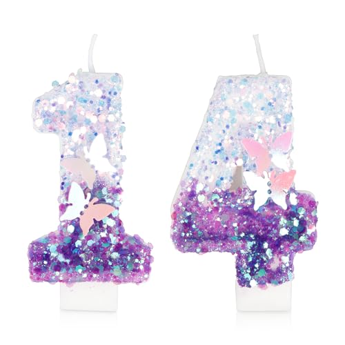 Bougies d'anniversaire chiffre 14 violette gâteau fête 14e anniversaire fille