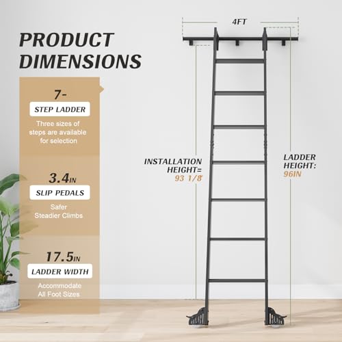 Image of Fredbeck 8ft Rolling Library Ladders Black 96 inch with 4FT Sliding Track Kit | Rolling rollers,Bottom Wheel Included,for Kitchen,Loft,Warehouses,Bookstore,Atti,Dressing Room,Metal