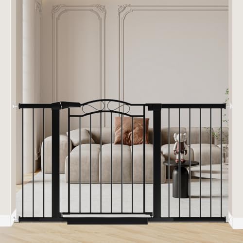 Image of Fairy Baby 54.4 inch-57.0 inch Extra Wide Baby Gate with Door, 55 56 57 Inches Walk THR Baby Gates for Stairs Pressure Mounted no Drill, Indoor Tension Metal Child Pet Dog Safety Gate for Kids, Black