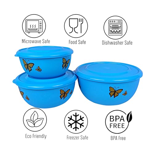 Image of Microwave Safe Stainless Steel Food Storage Container with Lid | Euro Mixing Bowl Set for Kitchen | 500ml, 800ml, 1250ml | Pack of 3 | Leak-Proof (Classic Blue Butterfly)