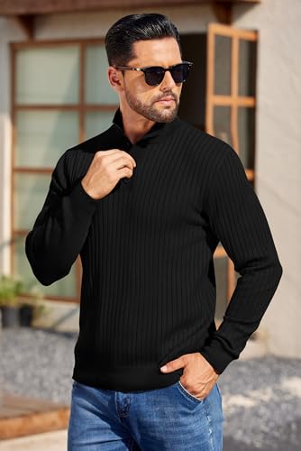 COOFANDY Mens Quarter Button Sweater Long Sleeve Stand Collar Sweaters Casual Knitted Ribbed Dress Pullover3