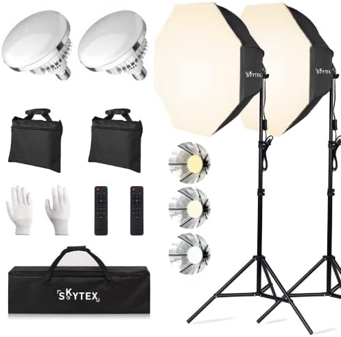 Octa Softbox Lighting Kit, Skytex Upgrade Continuous Photography Lighting Kit with sandbags, 28In Diameter Octa Soft Box | 135W 2700-6400K LED Bulb, Studio Lights for Photo Shooting, Video Recording