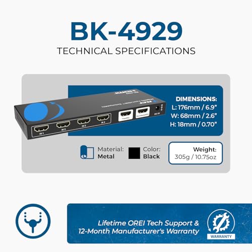 Image of OREI 4-Port eARC 8K Audio Extractor 4x1 Switch for Monitors TVs, Extract Dolby Atmos to Convert Sound bar 4K @ 120hz 18G ARC HDCP 2.3 Perfect for 8K Displays, CEC, Remote Control Works for Sonos Bose