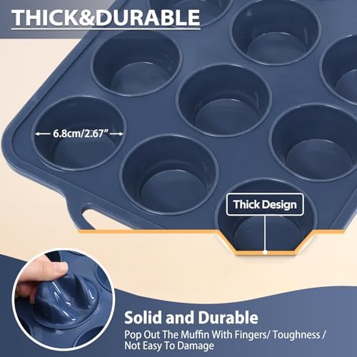 2 Pack Silicone Muffin Pan 12 and 24 Cup with Metal Frame,Non Stick Silicone Mini Cupcake Pan with Handles, BPA Free Silicon Regular Muffin Tin Tray Small for baking, egg bites, Mold Grey - Thumbnail 3