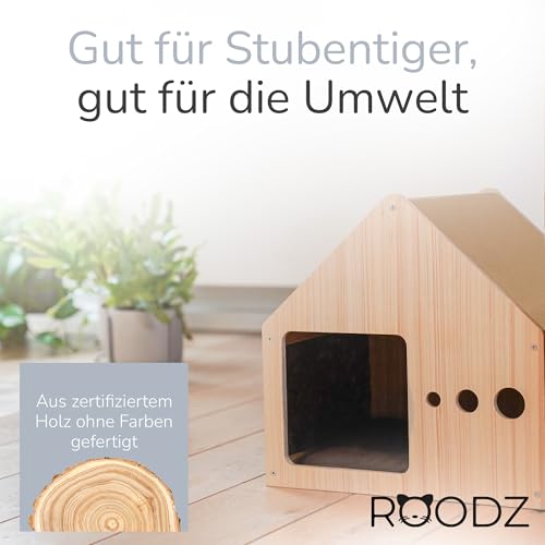 ROODZ 2-in-1 Kratz- & Loungehöhle für Katzen – Echtholz & Kratzvlies – Gemütliche Katzenhöhle