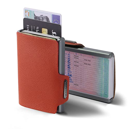Saffiano Wallet | RFID protection integrated into the note clip Stop and Go | Aluminum shell | Leather Miniwallet, Saffiano (ORANGE). Made in Italy.2