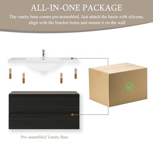Image of KEIKI 42 inch Floating Bathroom Vanity with Sink, Pre-Assembled Wall-Mounted Vanity with Solid Surface Basin, Soft-Close Drawers, Modern Space-Saving Bathroom Cabinet, Black