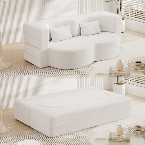 78" Convertible Folding Sofa Bed, Queen Sleeper Sofa with Pillow, Modern Teddy Fabric Floor & Futon Loveseat Couch, Foam Folding Mattress Sleeper for Living Room, Guest Use, Office, Apartment, Beige