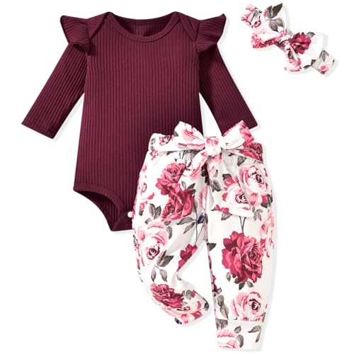 Image of Aalizzwell Preemie Newborn Infant Baby Girls Clothes Ribbed Romper Bodysuit Pants Set Fall Winter Outfits
