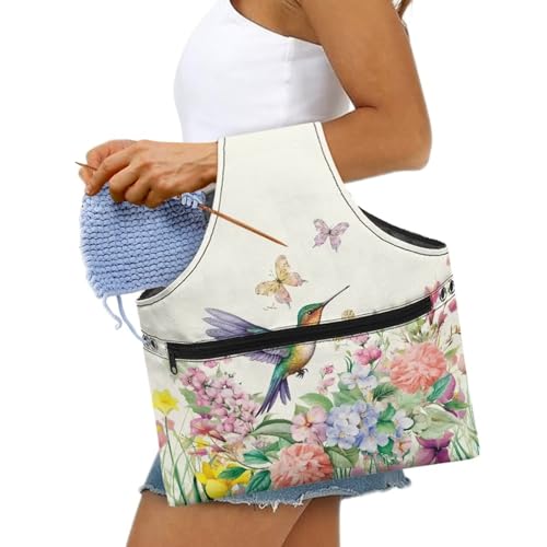 Image of KUIFORTI Hummingbird Knitting Yarn Bag, Flower Crochet Bags for Women Tote Bag for Knitting Needles, Yarns and Unfinshed Project, Crochet Hook Organizer, Large Size