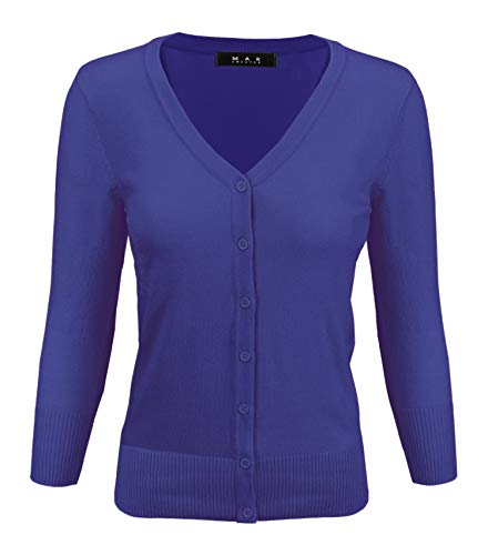 YEMAK Women's Knit Cardigan Sweater â€“ 3/4 Sleeve V-Neck Basic Classic Casual Button Down Soft Lightweight Knitted Top CO078-RBL-L Royal Blue