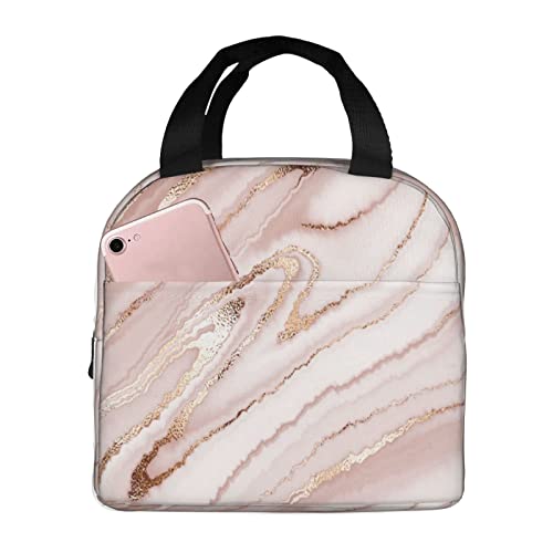 Miaoquhe Lunch Box Reusable Insulation Lunch Bag Pink Marble Rose Gold Glitter Pattern Ice Packs Containers Tote Handbag for Women Men Teens Girls -  Rlb-20230316-Marble02