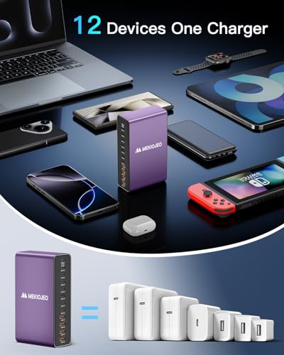 Image of MEKIOJEO 12 Ports Aluminum Alloy 380W Charging Station Fast USB C Charger Block 65W Laptop GaN Charger for MacBook Pro /Air /iPad Pro /iPhone (Purple)
