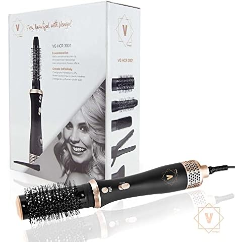Venga! 5-in-1 Hot Air Styler for Hair Drying, Curling, Straightening, Volumising, Enhancing, Styling and Brushing, 5 Accessories, 6 Hair Clips, Black/Gold, 600 W, VG HCR 3001 BS Cover