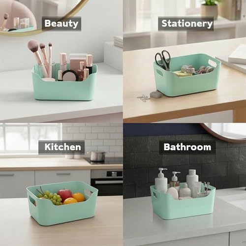 Image of KOLORR Jolly Plastic Small Baskets with Handle for Storage Box| Multipurpose Light Weight Plastic Baskets organiser for Make-up Stationary Cosmetics Kitchen Livingroom Bathroom | Pack of 2 - Mint
