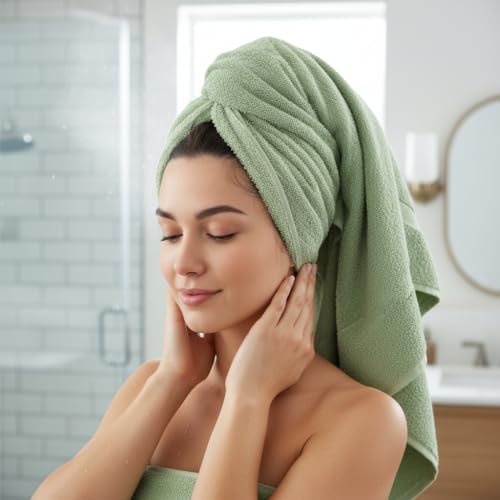 Image of Sulfar 100% Combed Cotton, Quick Drying Highly Absorbent Thick Bathroom Towels, Luxury Bath Towel Set (Pack of 2, 70 X 140 cm) - 600 GSM (Nature Green)