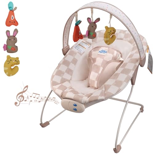 Image of Baby Bouncer – Baby Bouncer seat, Infants Bouncy Seat with Music & Sensory Toys, Compact & Machine Washable Seat Pad Indoor Infant Seat, Ideal for Newborns 0-6 Months, Max Weight 20lbs (Sand Checker)