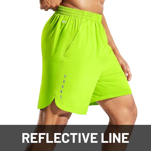 MIER Men's 7 inch Running Shorts Lightweight Workout Gym Sports Shorts with Pockets Dry Fit Athletic Bodybuilding Shorts, Neon Green L