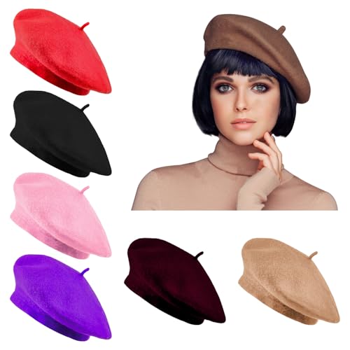 Jolbndcv 6 PCS Wool Beret Hat French Style Beanie Winter Fashion Warm Beret Hat for Women and Men