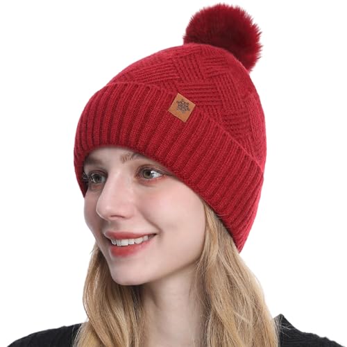 Gorro a Prueba De Viento,Gorro Femenino de Otoño-Invierno,Gorro de Punto Que se Puede Estirar,Winter Warm Gorro,De Punto Grueso y Caliente de Invierno,Cálido Elegante(Rojo)