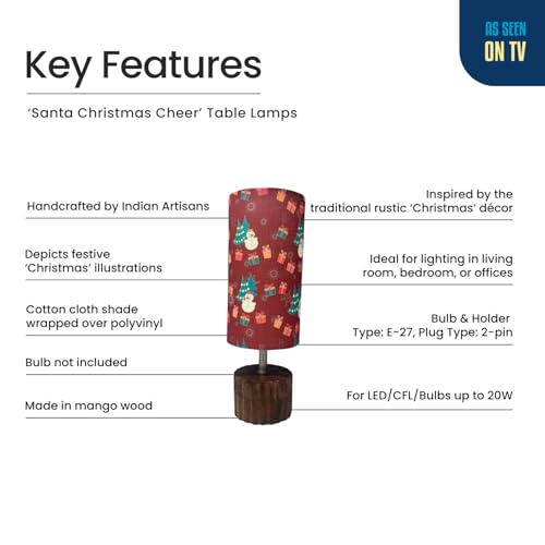 Image of ExclusiveLane 'Santa Christmas Cheer' Mango Wooden Chirstmas Table Lamp for Bedroom (39.5 Cm, Without Bulb, Handcrafted) |Table Lamp for Living Room Christmas Gifts for Home Chirstmas Decoration Items