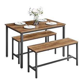 VASAGLE Dining Table with 2 Benches, 3 Piece Set, Kitchen Table of 70 x 110 x 75 cm, 2 Benches of 30 x 97 x 50 cm Each, Steel Frame, Honey Brown and Ink Black KDT070B41
