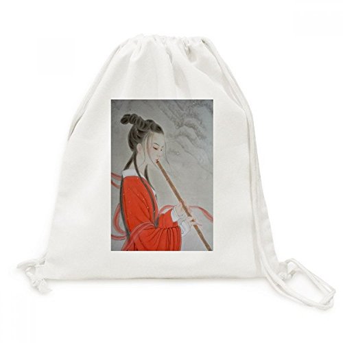 Sac cordon toile flûte rouge peinture chinoise drawstring backpack voyage léger pour adulte