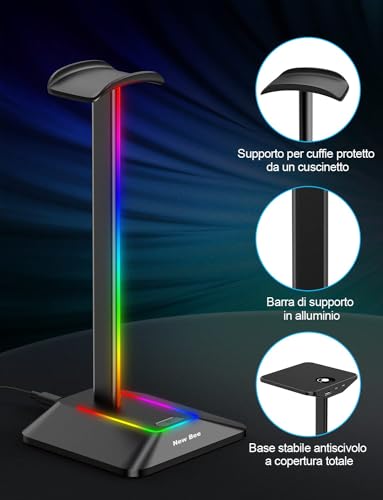 New bee RGB-hoofdtelefoonhouder, gaming-accessoires, led-ondersteuning met 7 verlichtingsmodi, antislip rubberen basis, voor pc gamer, zwart - Afbeelding 4