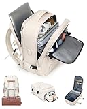 Mochila de Viagem Feminina Expansível 30-40L, Antifurto com Porta USB, Compartimento para Laptop 17.3', Aprovado como Bagagem de Mão, Leve 0.88kg, para Homens e Mulheres, Trabalho e Passeio (Bege)