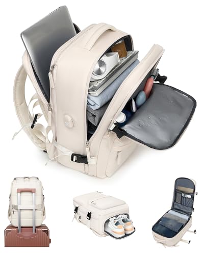 Mochila de Viagem Feminina Expansível 30-40L, Antifurto com Porta USB,