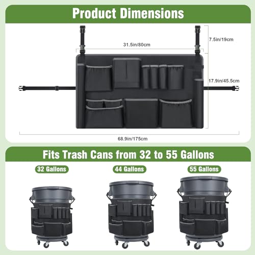 Image of Trash Can Caddy Bags Fit 32-55 Gallon Garbage Bin, Garbage Bin Caddy Bag with 13 Pockets Compatible with Brute & Uline, Commercial Cleaning Supplies Organizer Bag & Janitorial Duties(1PCS)