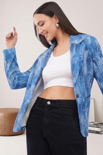 Image of SaintX Women's Premium Denim Textured 4-Way Stretchable Casual Blazer | Chic Regular Fit | Lightweight Summer Friendly | Fully Lined | Office, Travel, Dailywear | (Available in Plus Sizes)