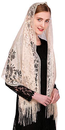 PAMOR Chapel Veil Scarf Mantilla Veils Rectangular Wrap Shawl Mass Head Covering with Fringe Trim (Champagne)