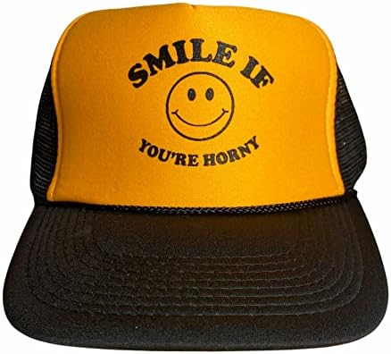 Smile If You're Horny Snapback Trucker Hat for Men or Women, Vintage Fit with Funny Novelty Graphic, Custom Mesh Cap Black/Yellow
