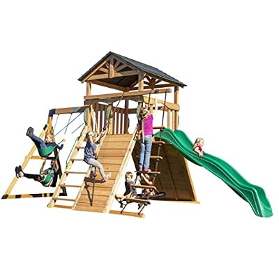 Backyard Discovery Endeavor All Cedar Wood Swing Set Playset for Backyard with Large Clubhouse Wave Slide Rope Ladder Rock Climbing Wall Wave Slide 2 Belt Swings and 1 Web Swing Gift for Ages 3-10